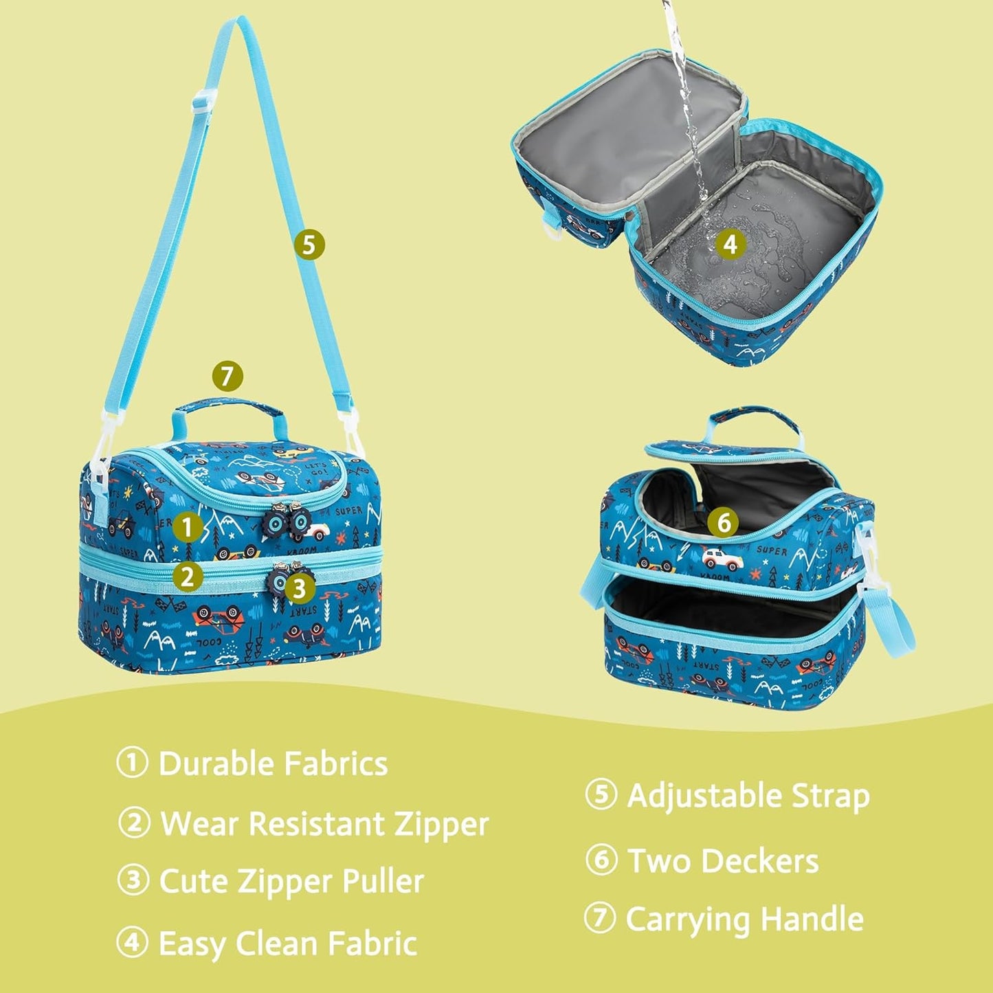 Insulated Kids Dual Compartment Lunch Bags Tote Pack for Girls Boys Toddler Kindergarten School Picnic Cooler Thermal Lunch Boxes with Strap (Green Rainbow)