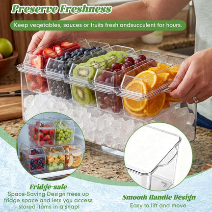 Ice Chilled Condiment Caddy with Drain Plug, 5 Containers with Lids, 85 oz Ice Capacity, 11 Pcs Complete Garnish Tray Condiment Server Set with Drainer Mat Cutlery Holder for Taco Bar Party