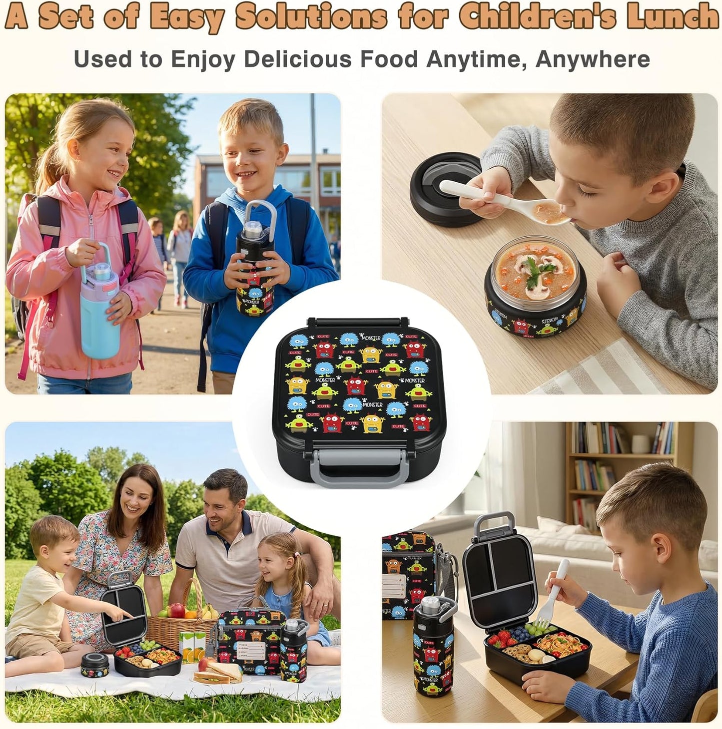 Bento Lunch Box for Kids with 7oz Soup Thermo,Insulated Stainless Steel Kids Water Bottle with Straw and Insulated Lunch Bag,Leak-Proof Lunch Food Container with Ice Pack for School (Purple-Mermaid)