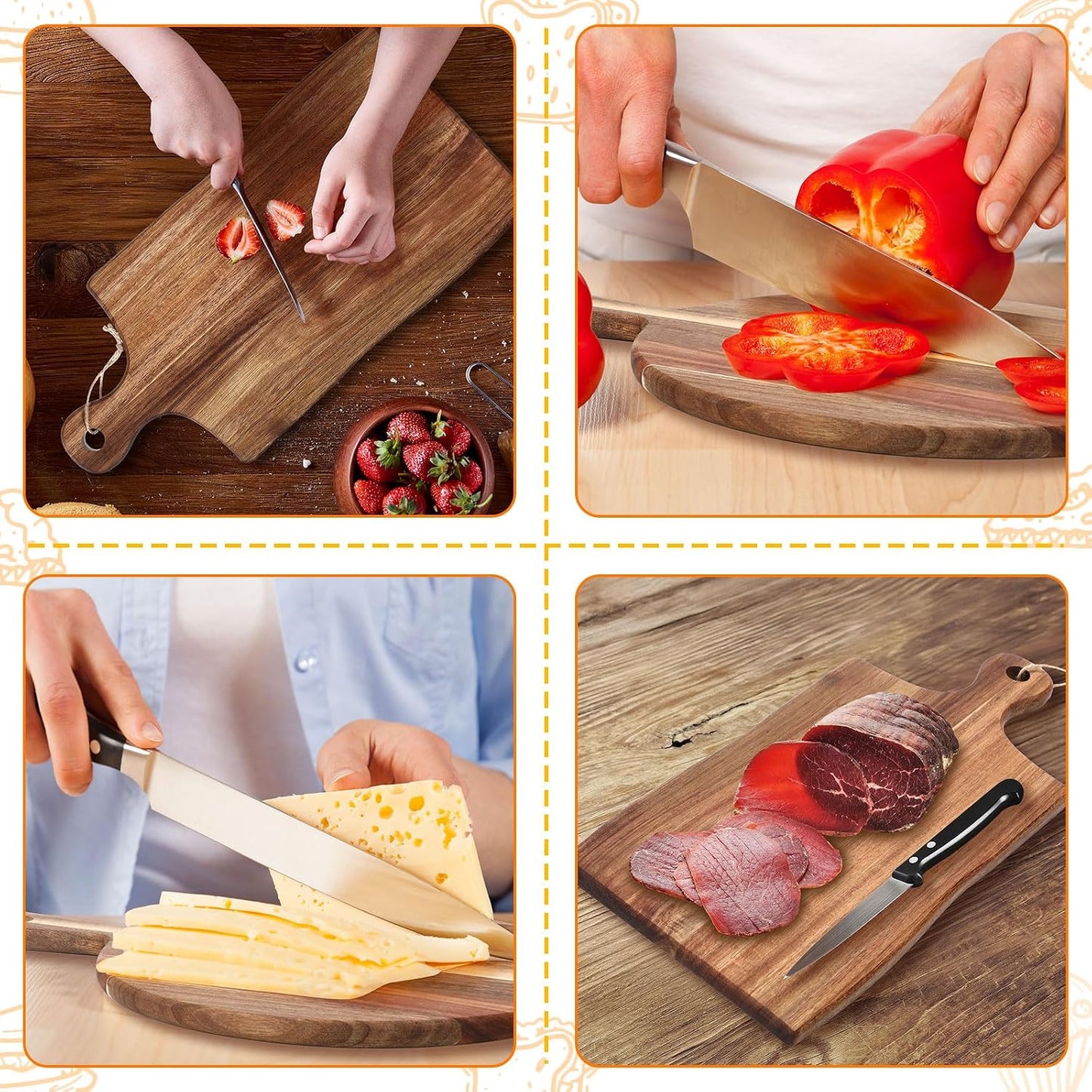 Hsei 2 Pcs Acacia Wood Cutting Board with Handle Wooden Charcuterie Board Large Paddle Carving Chopping Set Butter Serving Tray for Cheese Meat Fruit Pizza Bread(Vintage Style, 16x12, 17x13 Inch)