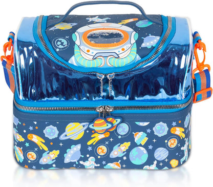 Kids Double Decker Cooler Insulated Lunch Bag, Back to School Large Meal Tote for Boys, Girls, Men, Women, with Adjustable Strap, Soccer