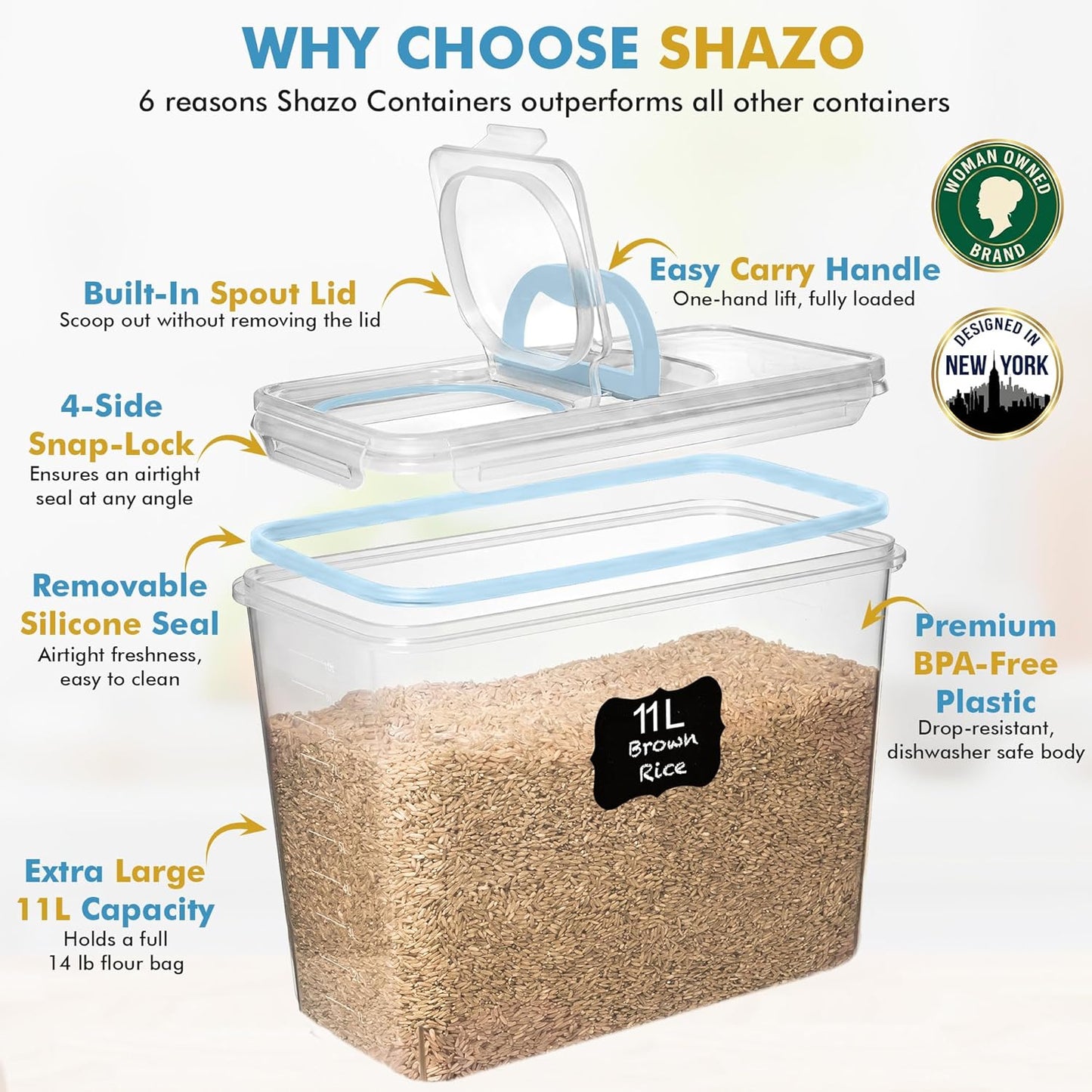 Shazo 2 PC (11L | 372 oz) Flour Sugar Storage Containers with Spout Lid & Easy Carry Handle - BPA Free Extra Large Airtight Food Storage Containers with Lids - Rice Canisters Sets for Kitchen & Pantry