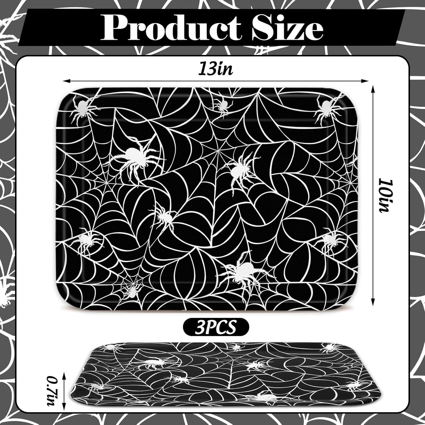 Whaline 3 Pcs Halloween Serving Trays Black White Spider Webs Reusable Melamine Trays Platters for Movie Night Birthday Holiday Party Food Supplies, 10 x 13 Inch