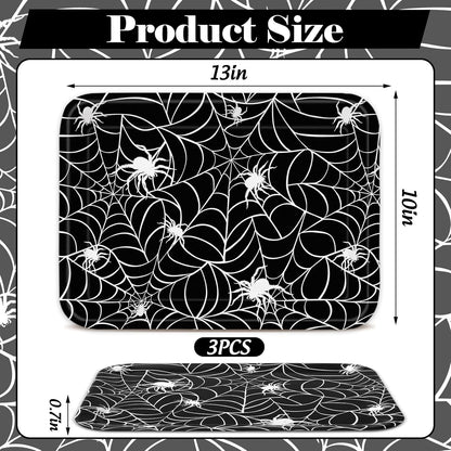 Whaline 3 Pcs Halloween Serving Trays Black White Spider Webs Reusable Melamine Trays Platters for Movie Night Birthday Holiday Party Food Supplies, 10 x 13 Inch