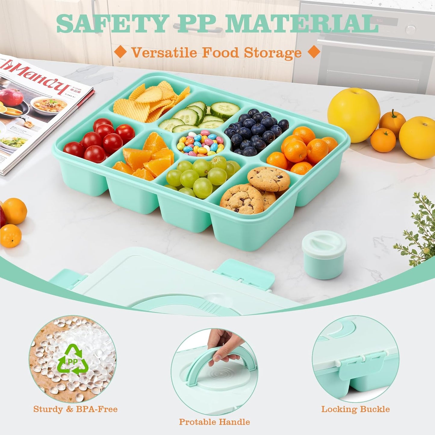 Snackle Box Container, Divided Serving Tray with Lid and Handle, 9 Compartments Snack Box Container for Adults, Portable Charcuterie Serving Platter for Candy Fruit, 9.9 Cups, White Grey