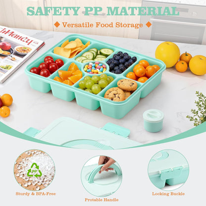 Snackle Box Container, Divided Serving Tray with Lid and Handle, 9 Compartments Snack Box Container for Adults, Portable Charcuterie Serving Platter for Candy Fruit, 9.9 Cups, White Grey