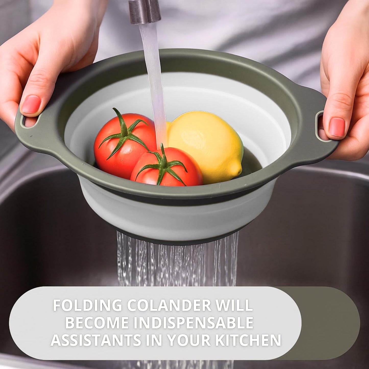 3PCS Green Foldable Kitchen Strainer Set – Silicone Colander Collapsible Strainers and Colanders Green Collander for Kitchen Collapsible Compact Drain Tools for Cooking Prep