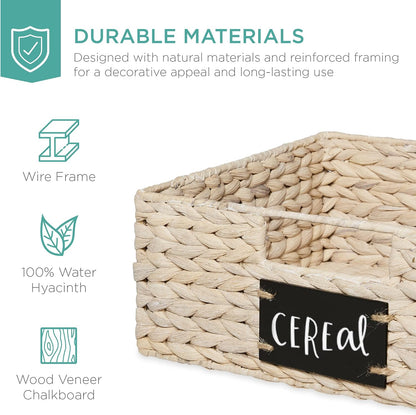 Best Choice Products Set of 4 9x12in Water Hyacinth Pantry Baskets, Woven Organizers w/Chalkboard Label, Chalk Marker - Natural