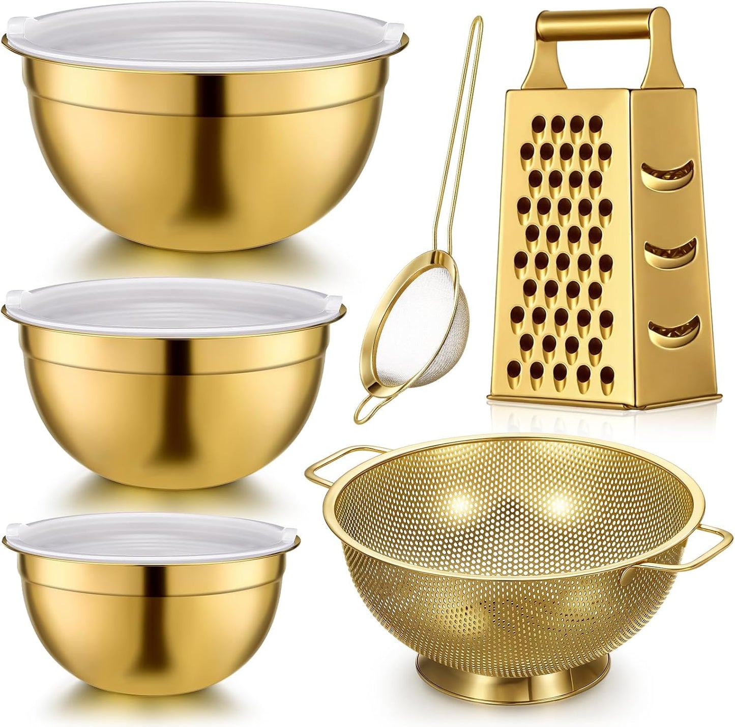 Baderke 6 Pcs Gold Kitchen Accessories Set Includes 3 Gold Mixing Bowls with Airtight Lids Stainless Steel Colander Grater Slicer and Fine Mesh Strainer(Mixing Bowls: 2.8/3.7/5 Qt, Colander: 4 Qt)