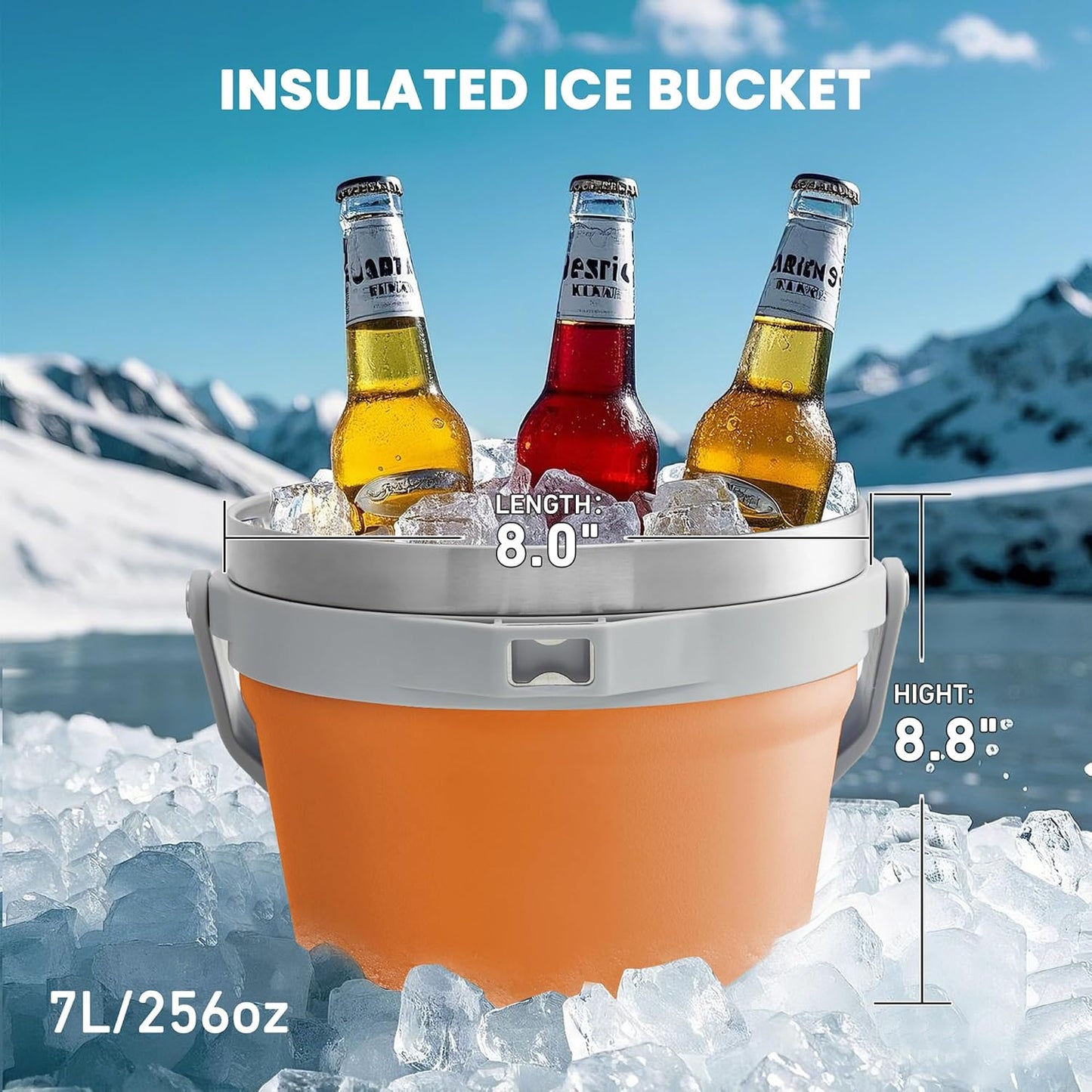 COKTIK 7L Vacuum Insulated Ice Bucket with Lid and Scoop& Tongs，Large capacity Stainless Steel Beverage Bucket for Cocktail, Champagne, Wine, Beer，Large Parties（Milk White Suit）