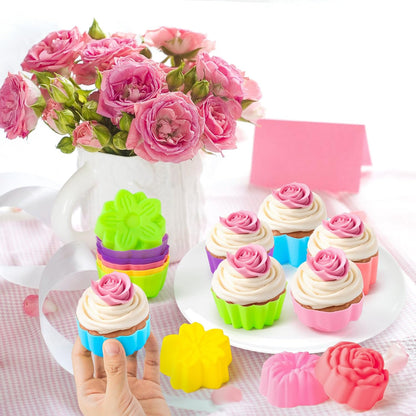 R HORSE 42Pcs Silicone Molds Cupcake 2 Inch Mini Size Reusable Muffins Liners Washable Non-Stick Donut Wrapper Mold Flower Shapes Baking Cups for Pan Oven Microwave Dishwasher