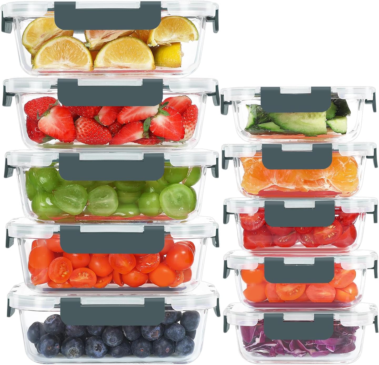 KOMUEE 10 Pack Glass Food Storage Containers, Meal Prep Containers with Lids, Airtight Glass Lunch Boxes, Freezer, Oven, and Microwave Safe, Pink