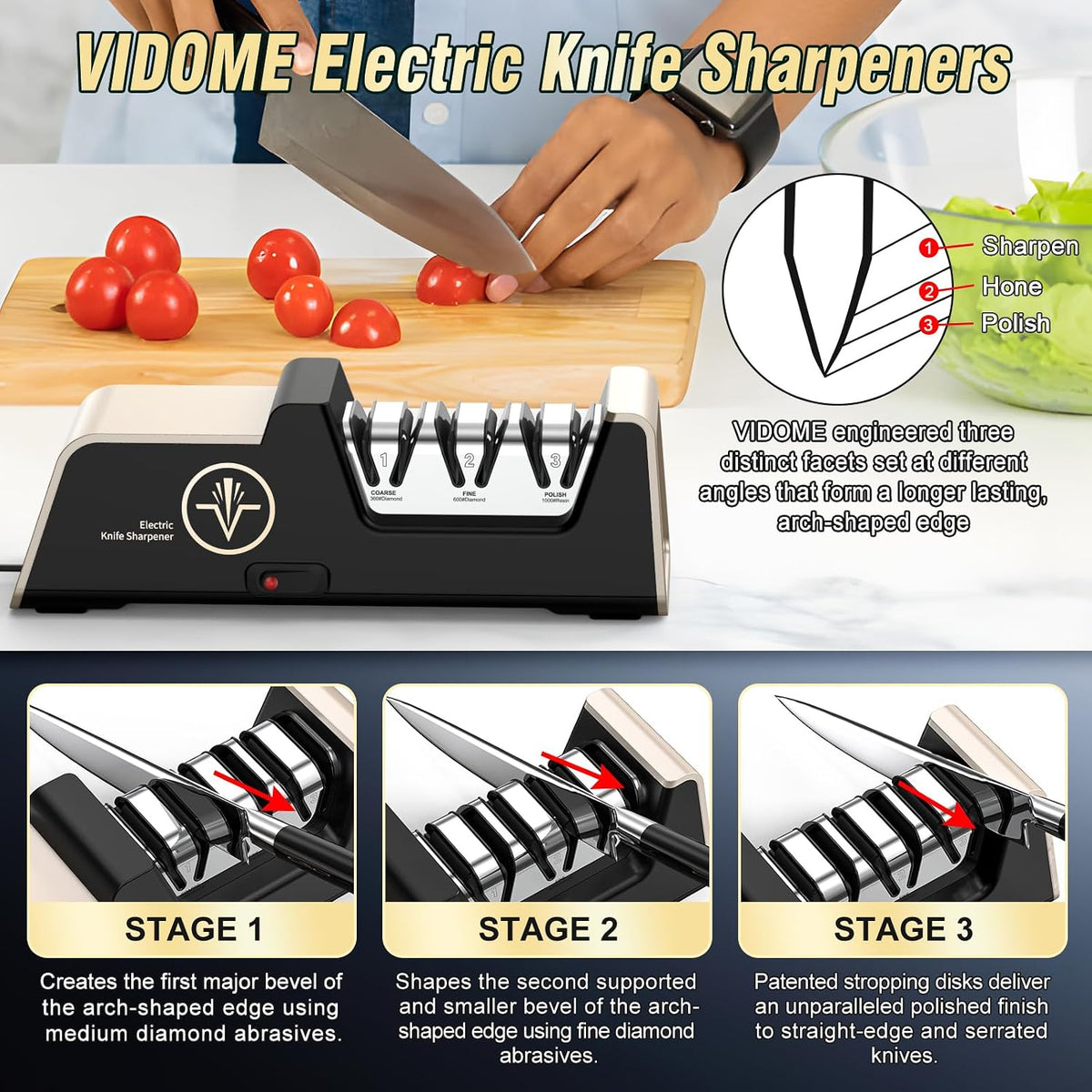 VIDOME Professional 3-Stage Electric Knife Sharpener