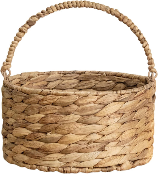Round Water Hyacinth Storage Basket Handwoven Boho Decor with Handle for Bathroom, Living Room & Kitchen Countertop Organizer 9.84” x 5.51”