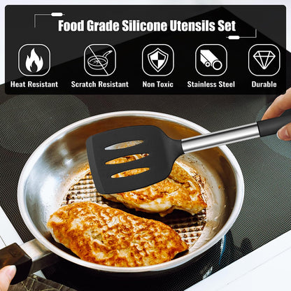 E-far 14 Pieces Silicone Cooking Utensils Set, Kitchen Utensils Set with Holder, Spatula, Ladle, Spoon, Tong, Slotted Turner for Nonstick Cookware, Heat Resistant & Stainless Steel Handle, Black