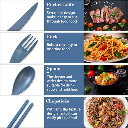Large Reusable Travel Utensils Set with Case, Plastic Set for Adults Travel Picnic Camping, Portable Flatware Cutlery Set with Chopsticks for Daily Use(Black)