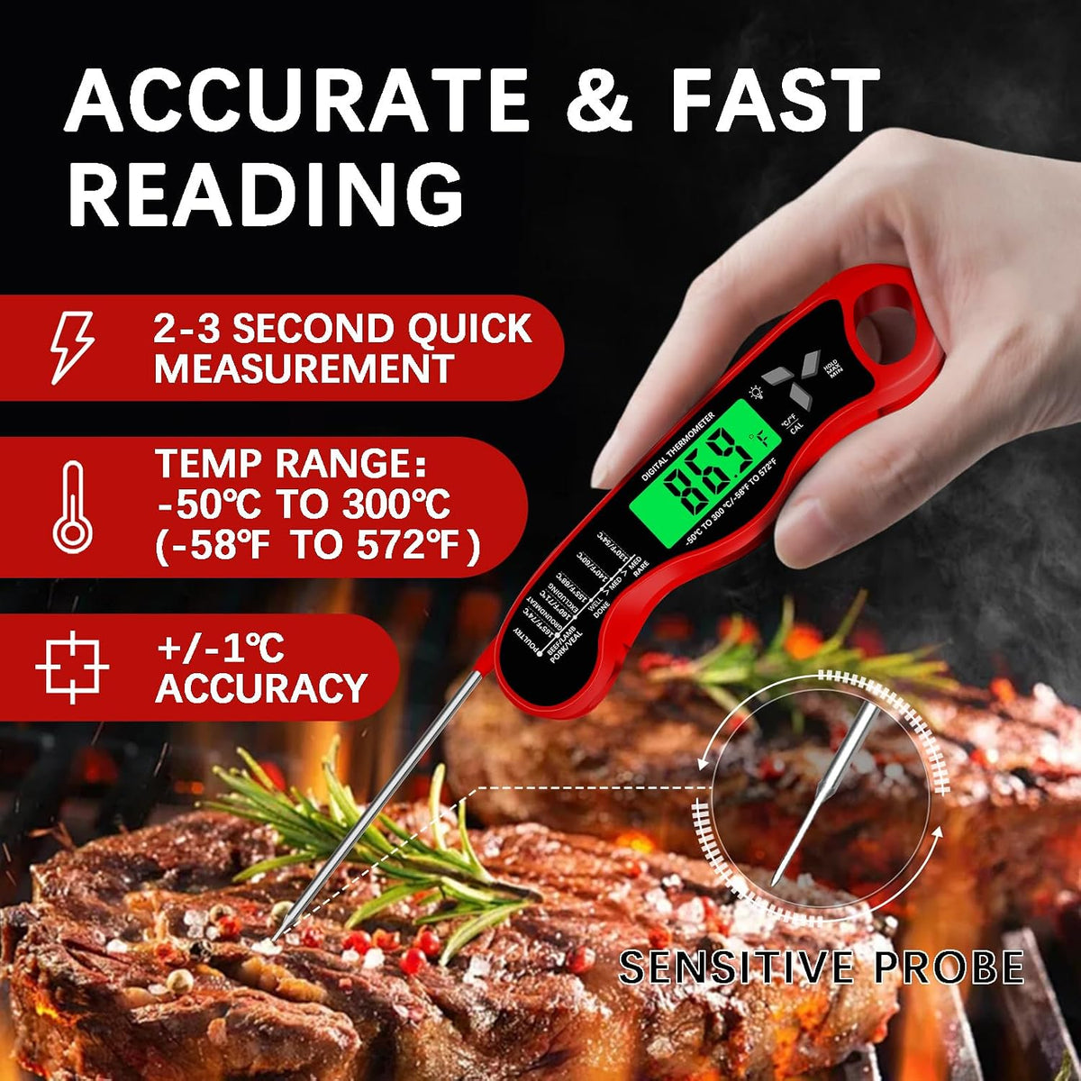 Cooking Thermometer，IP67 Waterproof Meat Thermometer Digital
