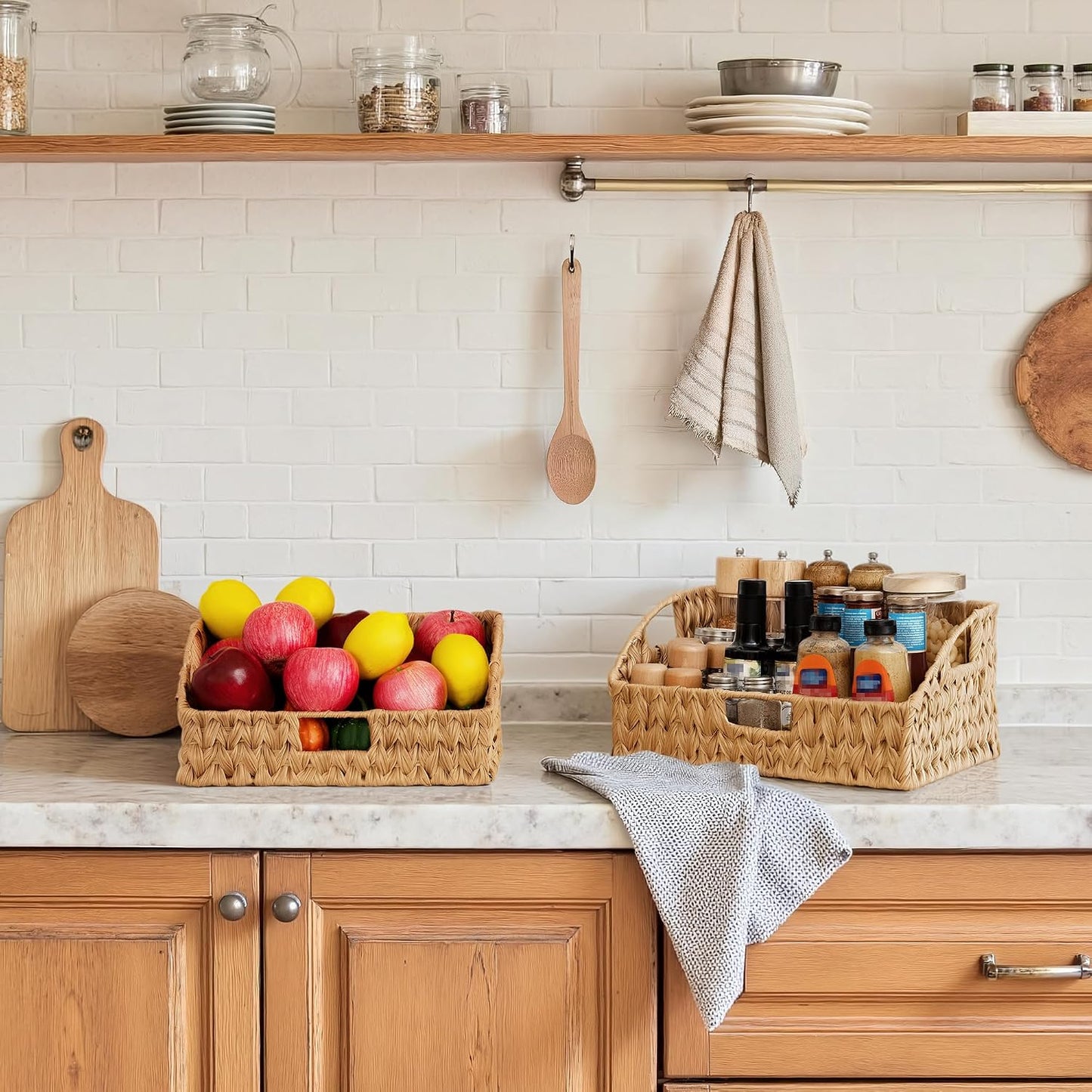 GRANNY SAYS Wicker Storage Baskets for Shelves, Trapezoid Woven Basket with Handles, Storage Wicker Baskets for Pantry, Water Hyacinth, 2-Pack