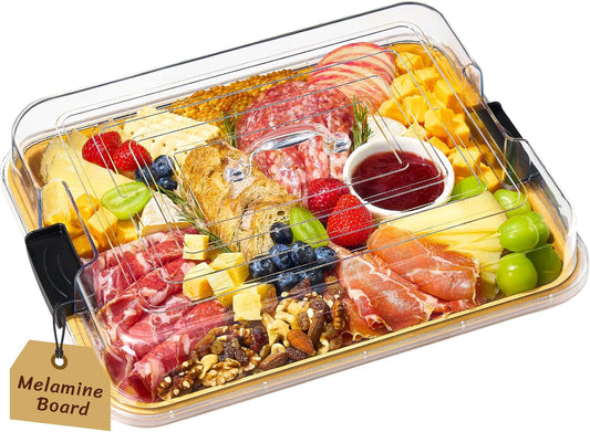 Lifewit 1 Compartment Melamine Charcuterie Board, 11 x 14 Inch Portable Cheese Board with Plastic Lockable Clear Lid, Travel Charcuterie Board Serving Platter with Cover for Snacks, Fruit, Appetizers