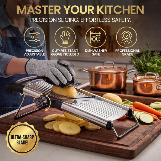 SAFI Adjustable Mandoline Slicer for Kitchen Mandoline & Vegetable Slicer Potato Slicer Fruit Slicer & Onion Cutter With Stainless Steel Blades Safety Hand Guard & Cut-Resistant Gloves Kitchen Gadgets