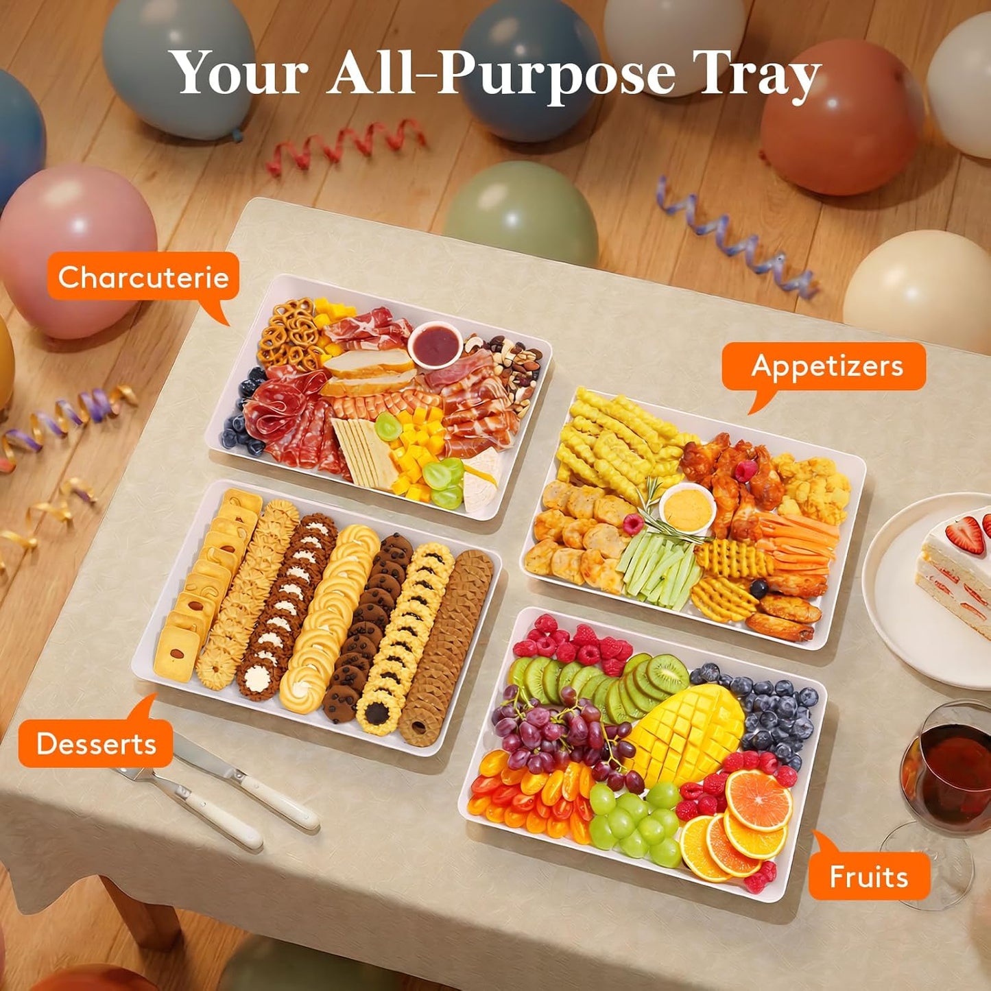Lifewit Reusable Plastic Serving Tray, Serving Platters for Party, Large Tray Dishes for Food, Buffet, Snacks, Fruit, Rectangle, BPA Free, 13.4" x 9.4", 4 Sets