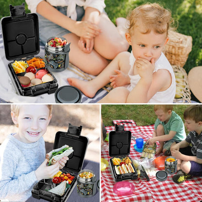 Bento Lunch Box Set for Kids with 10oz Soup Thermo, Leak-Proof Lunch Containers with 4 Compartment, Kids Thermo Hot Food Jar and Insulated Lunch Bag for Kid to School,BPA-Free(Dragon)