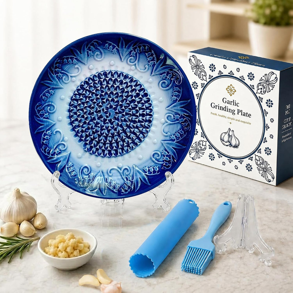 Ceramic Garlic Grater Plate Set with Rack, Peeler & Improved Brush (Blue)