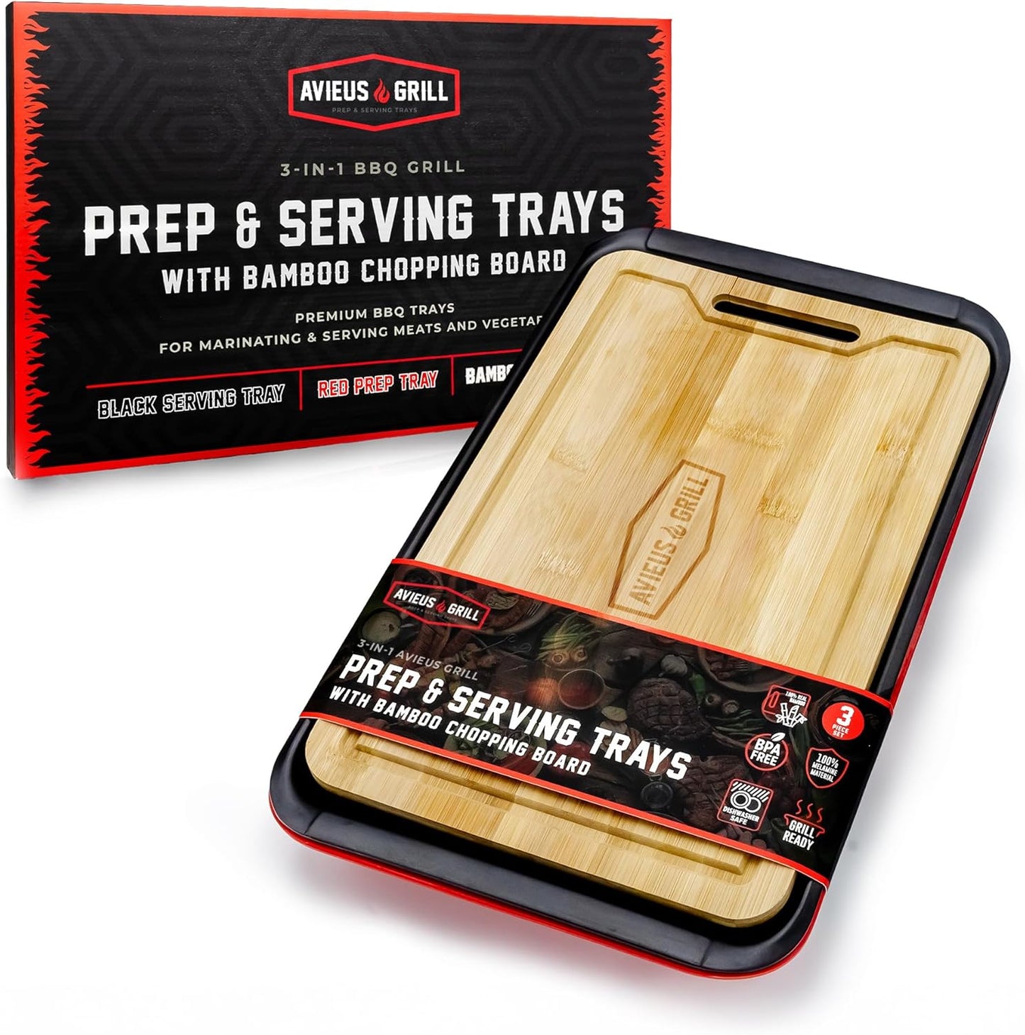 AVIEUS Grill Prep and Serve Trays | Set of 2 Stackable, Melamine Trays | Serving Tray & Marinating Tray | Serving Platter for Plating Food & BBQ Prep Tub for Marinating Meats | Grill Accessories |