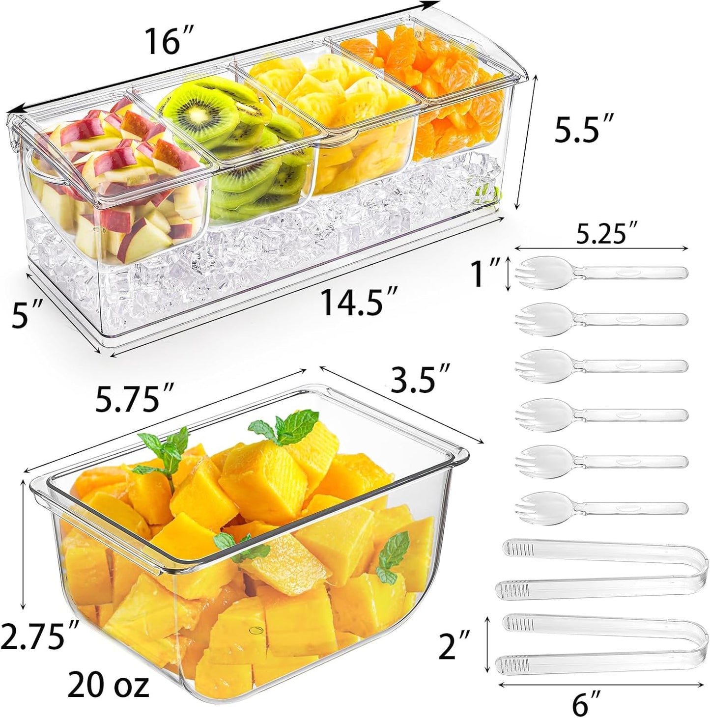 Jucoan Large Ice Chilled Condiment Server with Lid, 4 Compartments Chilled Condiment Caddy, Bar Garnish Serving Platter Holder Tray for Mimosa Taco Salad Soda Lemonade Bar Supplies, 2 Tongs, 6 Forks