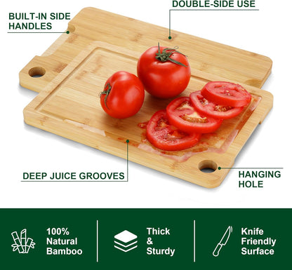 3PCS Bamboo Cutting Board Set - Durable Wooden Cutting Boards with Deep Juice Grooves & Built-in Handles & Hanging Holes, Ideal for Chopping Meat, Vegetables, Dishwasher Safe