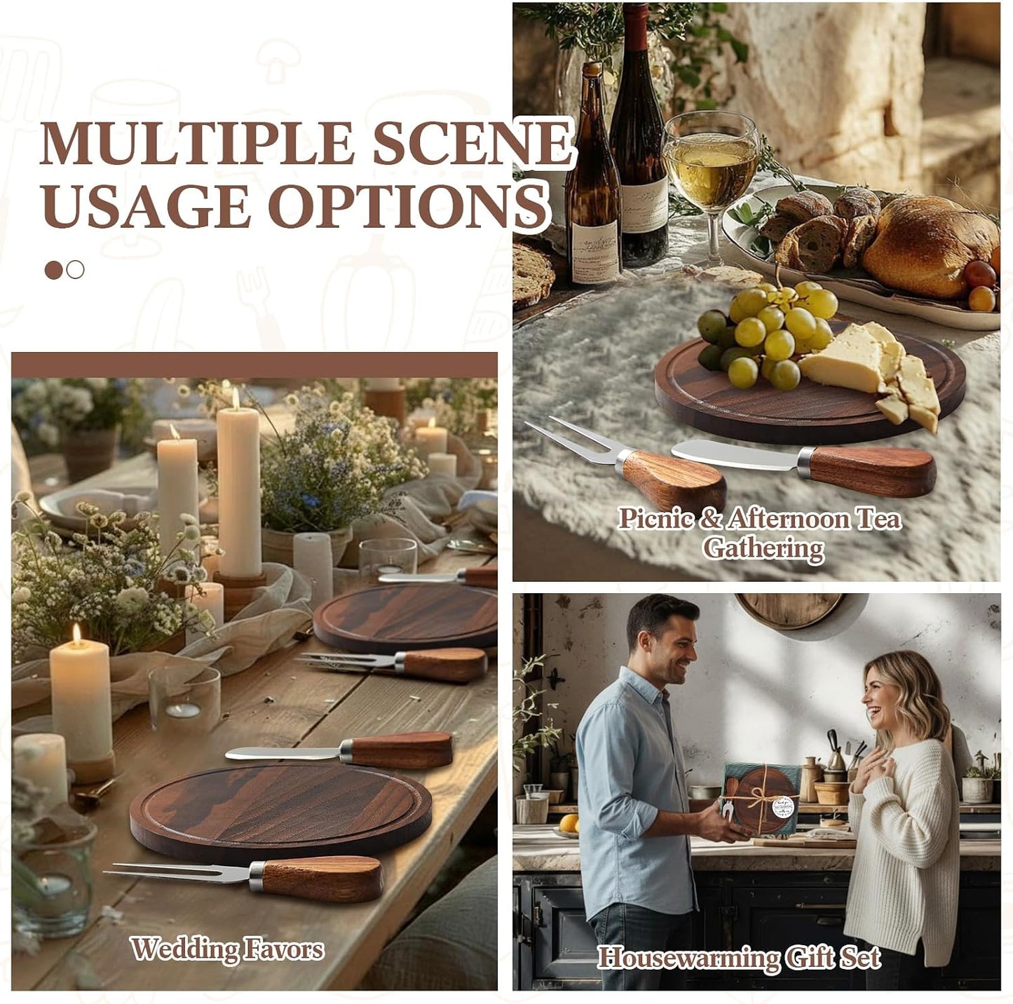 Maxcheck 6 Sets Baby Shower Bridal Game Prizes for Winners Round Cheese Board Set Wood Mini Charcuterie Board with Knives and Forks Thank You Card with Gift Box for Guests Wedding (Bamboo)
