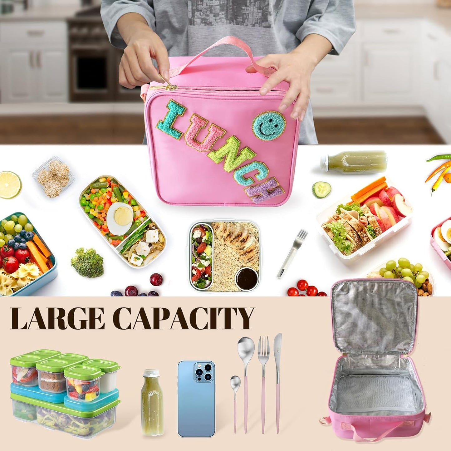 Insulated Lunch Bag With Adjustable Shoulder Strap, Nylon Preppy Lunch Box Large Insulated Lunch Bag Reusable Lunch Tote Bag with Smiley Preppy LunchBag for Girls School Travel Picnic (Green)
