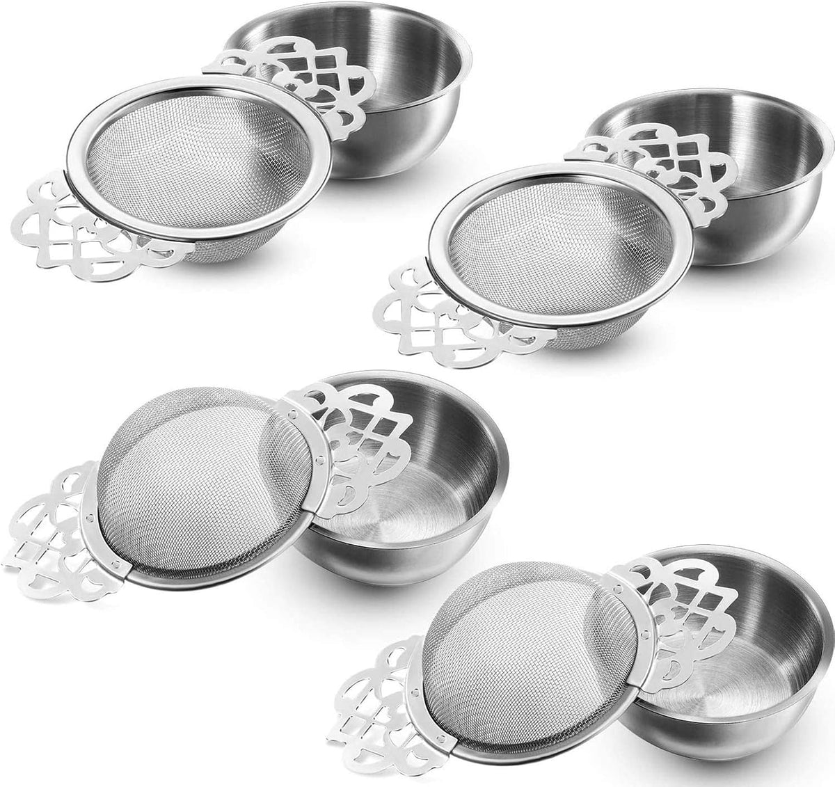 4 Pack Fine Mesh Tea Strainer with Bowl, Sliver