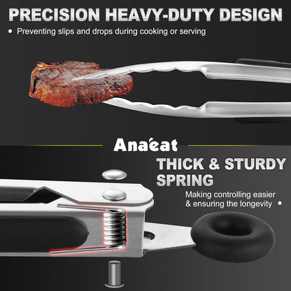 Anaeat Premium Kitchen Locking Tong Set of 3 - Heavy Duty Stainless Steel Food Tongs with Long Handle & Non-Slip Silicone Grip for Cooking, Baking, Grilling - Heat Resistant up to 480°F