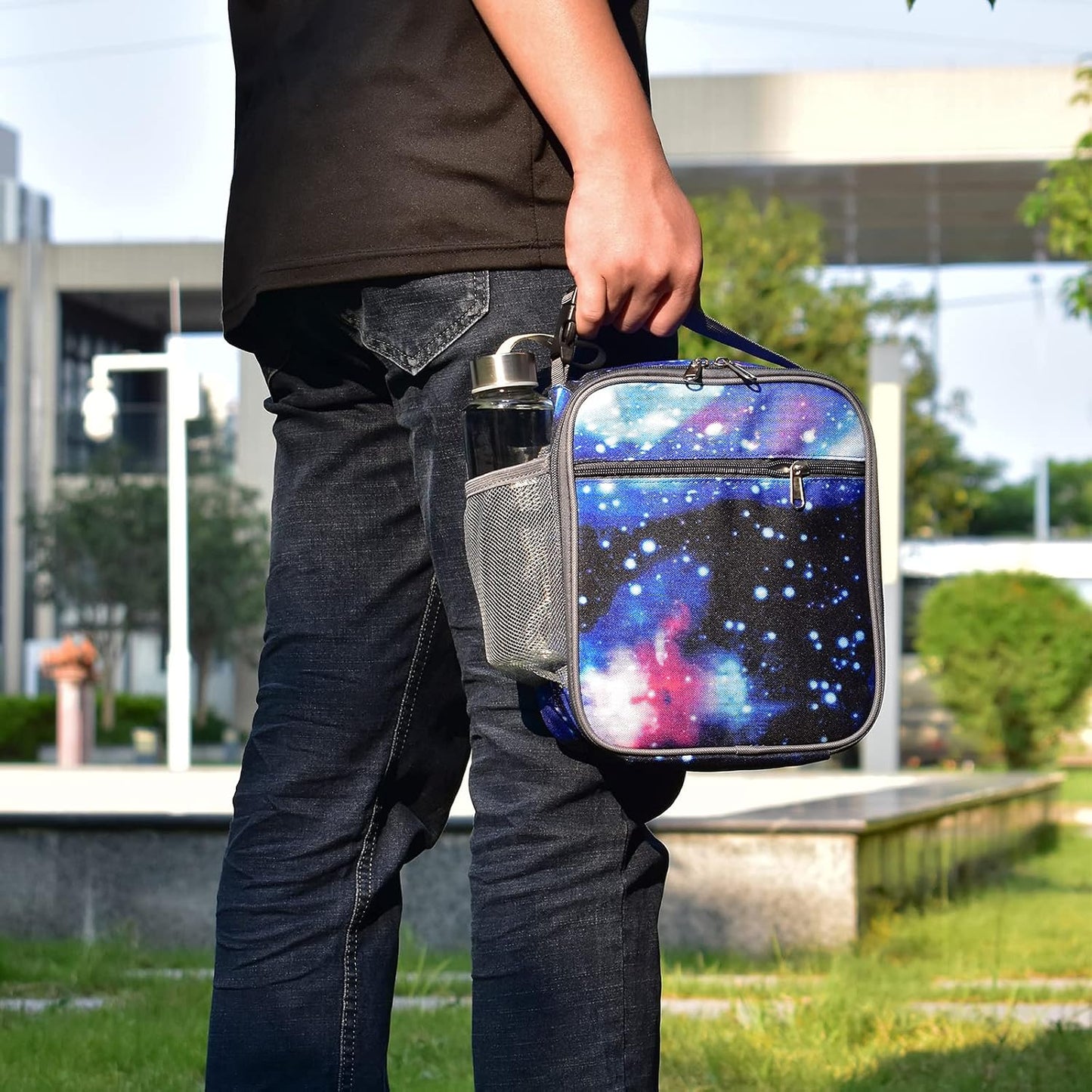 Insulated Lunch Bag, Leakproof Portable Lunch Box for Women Men Boys Girls, Large Capacity Cooler Bag with Handle and Bottle Pocket for Office School Camping Hiking Outdoor Beach Picnic (Black)