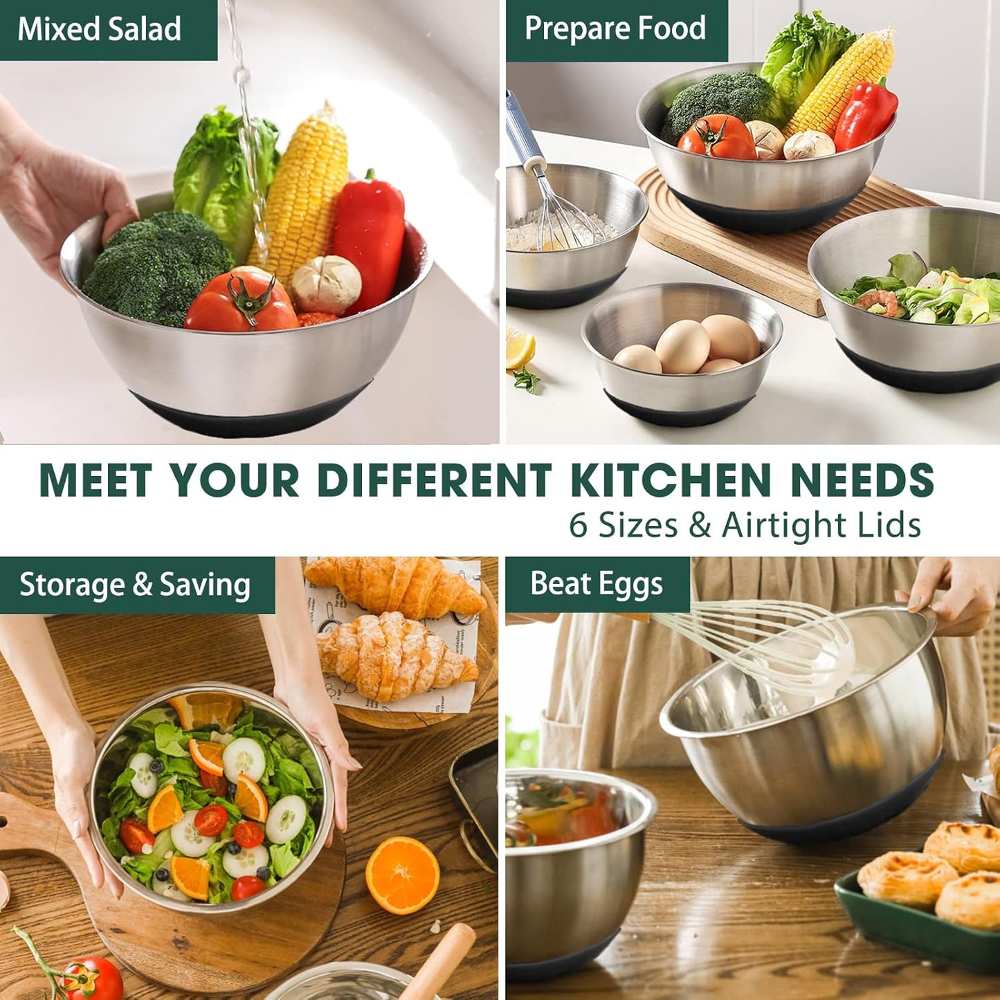 Umite Chef Mixing Bowls with Airtight Lids, 6 piece Stainless Steel Metal Nesting Storage Bowls, Non-Slip Bottoms Size 7, 3.5, 2.5, 2.0,1.5, 1QT, Great for Mixing & Serving (Khaki)
