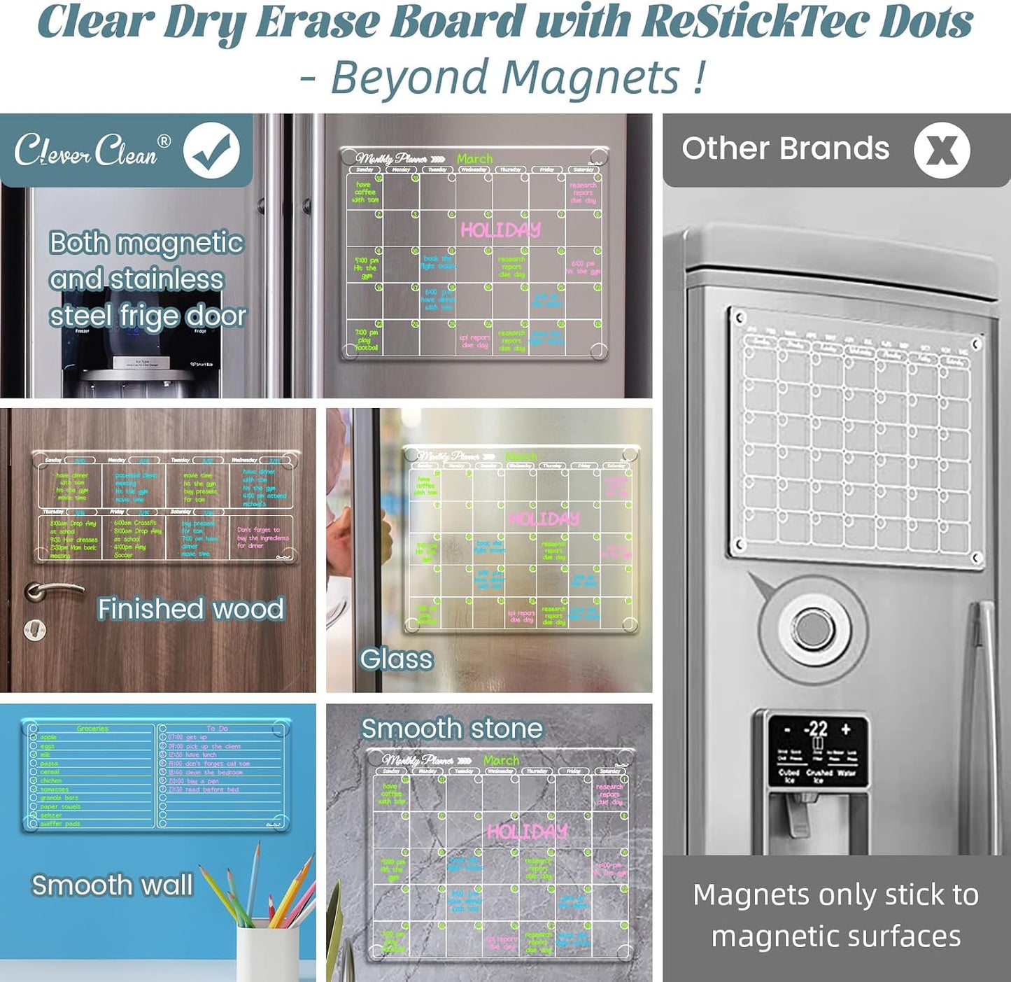 Clear Non-Magnetic Meal Planner Set for Fridge - Dry Erase Transparent Menu and List Board - Sticks to Wall, Glass, Door, Any Smooth Surfaces