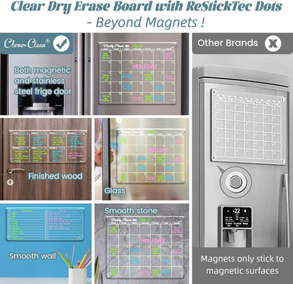 Clear Non-Magnetic Meal Planner Set for Fridge - Dry Erase Transparent Menu and List Board - Sticks to Wall, Glass, Door, Any Smooth Surfaces