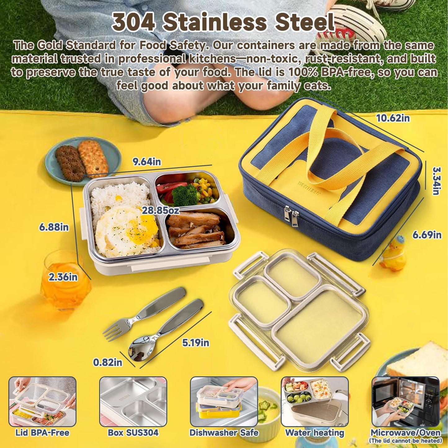 Stainless Steel Bento Lunch Box Set with Spoon, Fork & Insulated Lunch Bag, 25oz Leakproof Bento Box for Adults & Kids, Ideal for School, Home, Office, Picnic & Healthy meal prep containers (yellow)