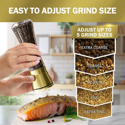 Home EC Premium Stainless Steel Sea Salt and Pepper Grinder Set of 2 - Adjustable Ceramic - Tall Glass Salt and Pepper Shakers - Kitchen Spice Mill W/Funnel & EBook