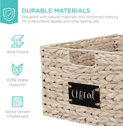Best Choice Products Set of 4 9x12in Water Hyacinth Pantry Baskets, Woven Organizers w/Chalkboard Label, Chalk Marker - Natural