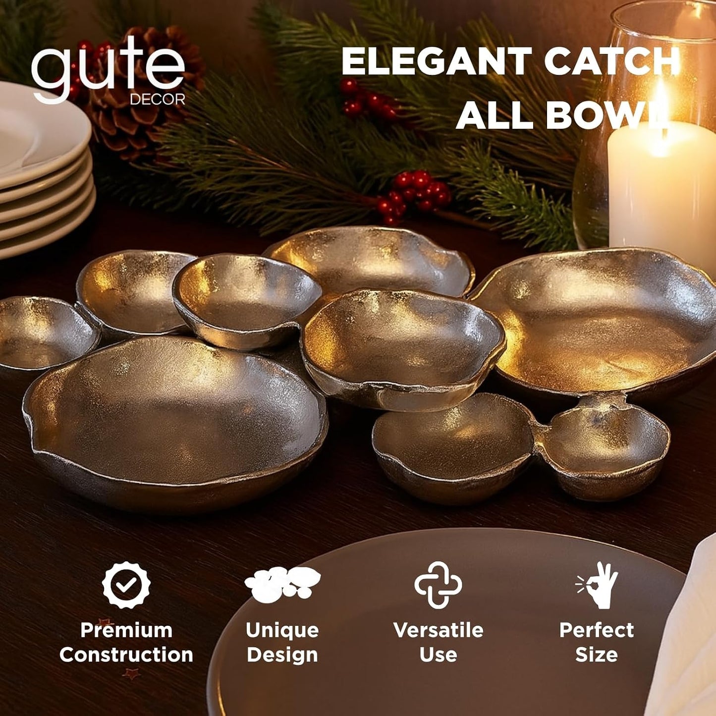 9 Cluster Decorative Bowls Bright Gold Brass Snack Tray Bowl Chip & Dip Serving Piece Strong Brass Centerpiece Beautiful Room Accent & Entertaining Parties Home Decor Wedding Gifts 22 Inch Decorative
