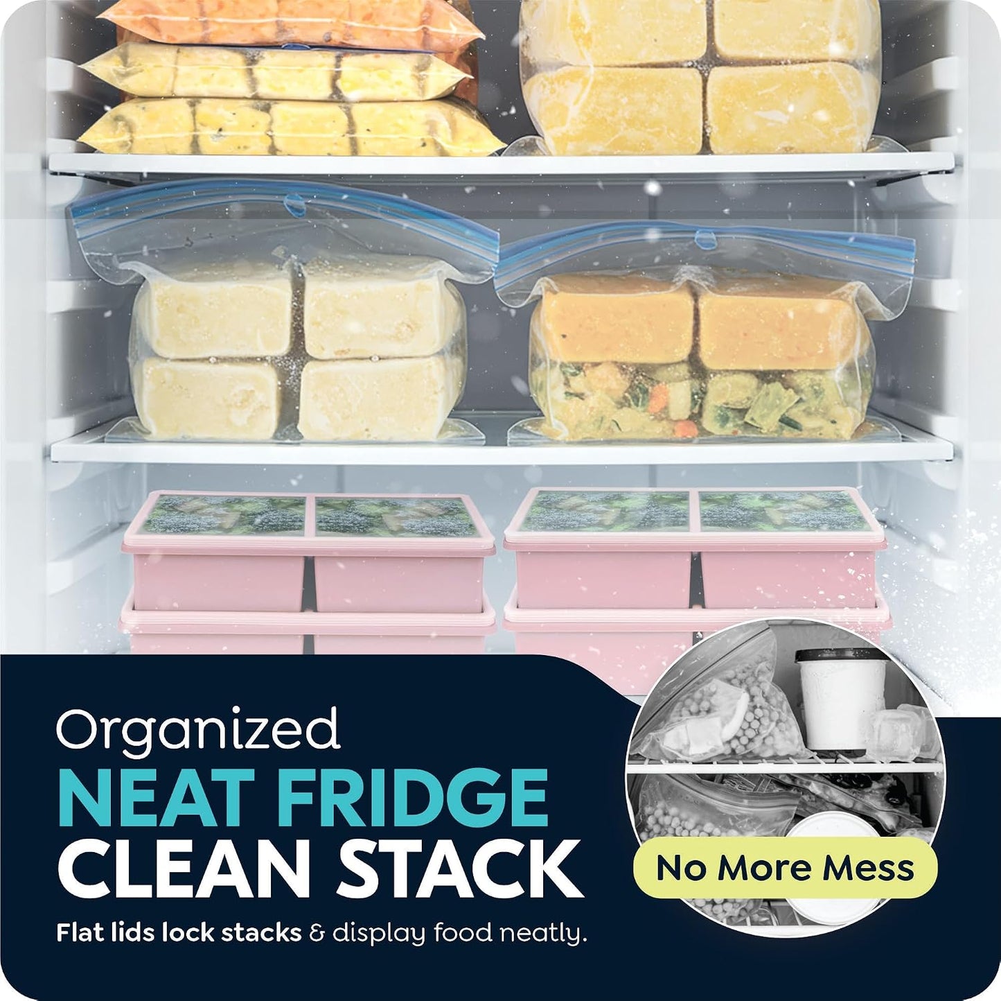 2 cup Silicone Freezer Trays with Lids, Silicone Soup Freezer Molds, Easily prepare portioned meals, Great for storing soups, lasagna, leftovers, sauces and other dishes, Dishwasher, Oven Safe
