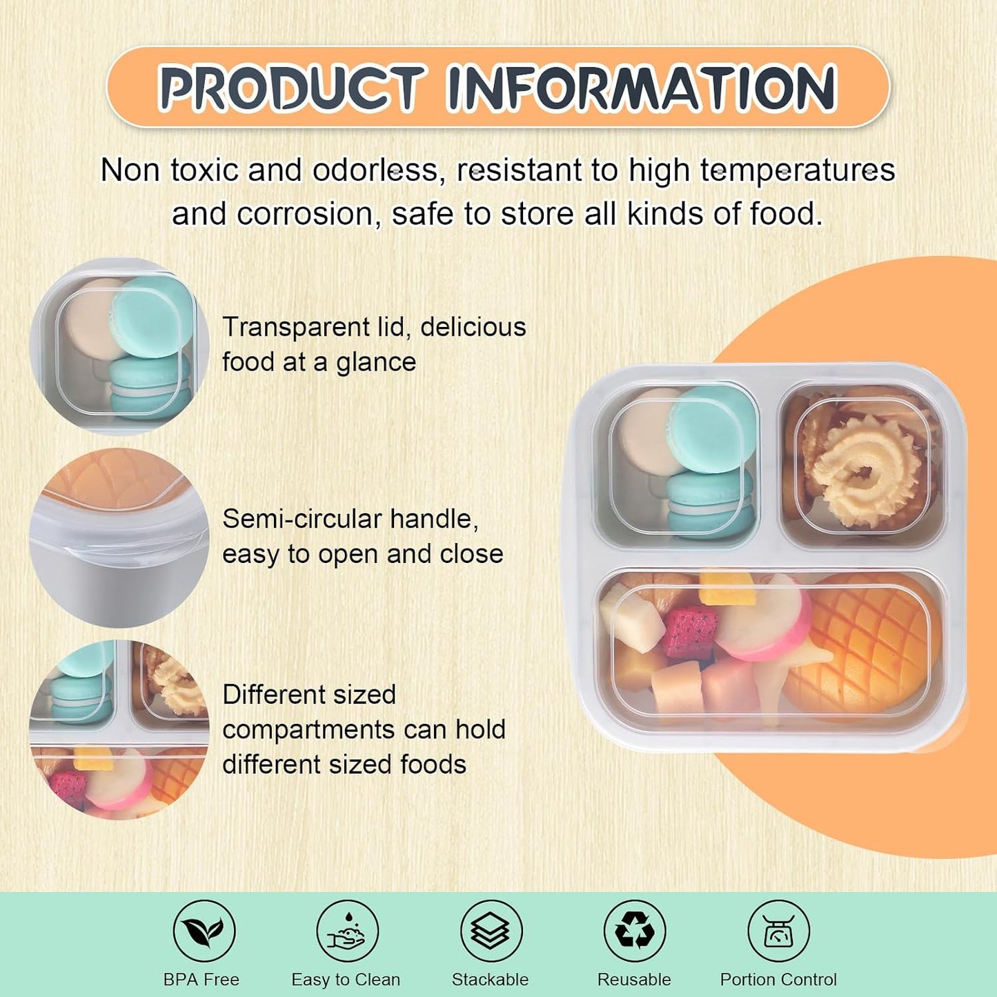 Honeydak 5 Pack Snack Containers 3 Compartment Bento Snack Boxes Divided Meal Prep Containers with Lids Reusable Adults Lunch Food Storage Box for School Work Travel(Elderberry)