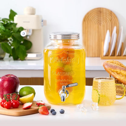 1 Gallon Glass Beverage Dispenser Set of 2 with Stand & Fruit Infuser, Stainless Steel Spigot, Beverage Dispenser for Parties, Weddings, BBQs, Lemonade, Sun Tea, Juice & Cold Drinks