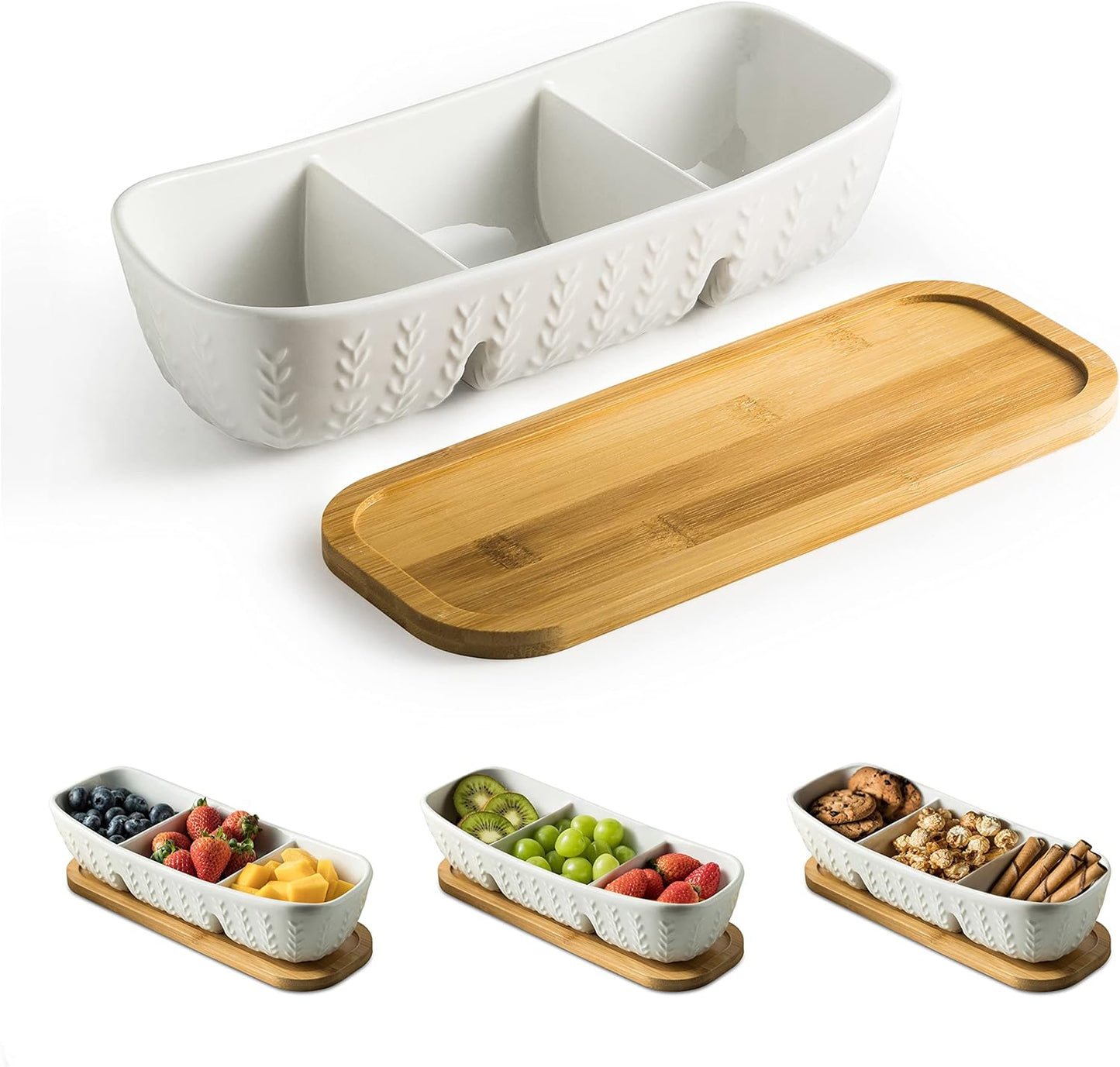 Miamolo 3 Compartment Condiment Tray, Chip and Dip Bowl with Wooden Serving Tray, Perfect for Snacks, Appetizers, Charcuterie, Chips, Candy, 10-inch Chip and Dip Serving Set for Parties