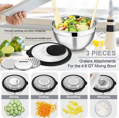 E-far Mixing Bowls Set of 5, Stainless Steel Salad Mixing Bowl with Transparent Lid, Metal Nesting Bowl Attach with 3 Graters for Kitchen Prepping/Serving/Baking/Storage, 4.6/2.6/1.5/1/0.7 QT - Black