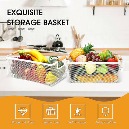 Ziliny 4 Pcs Metal Mesh Wire Baskets with Wooden Handles for Organizing, Pantry Organizers and Storage Steel Bin Kitchen Baskets for Fruit Potato Onion Snacks Bathroom Cabinet(Medium,Cream White)