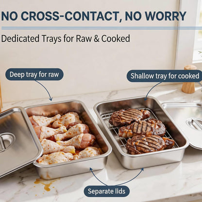 Grill Prep Tray & Serving Tray Set with Lids –5-Piece Grill Carry System for Marinating, Carrying & Serving, Stainless Steel BBQ Trays, BBQ Prep Grill Pan with 2 Lids and 1 Rack
