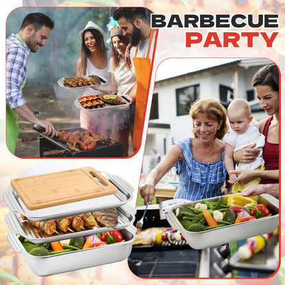 4 Pcs Grill Prep Set – Stainless Steel BBQ Prep & Serve Tray, Marinade Containers with Lids and Cutting Board for Outdoor Grilling, BBQ, Marinating (Deep Tray)